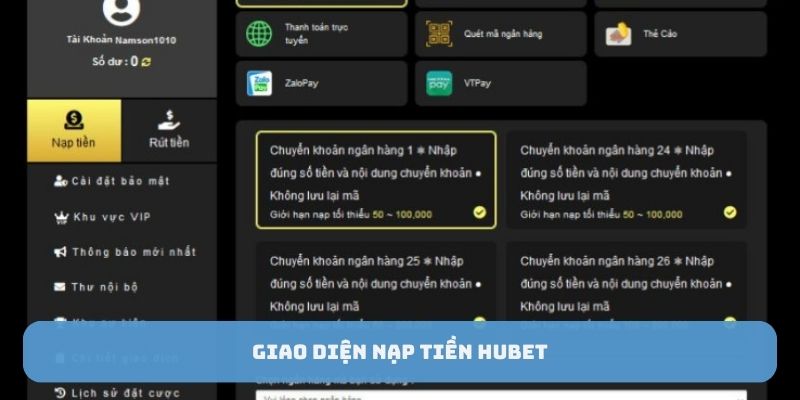 Giao diện nạp tiền Hubet